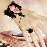 Black Retro Victorian Fashion Lace Pink Rose Cute Female Lolita Ring Bracelet